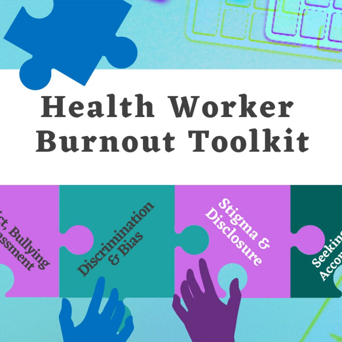 Illustration of hands putting together a puzzle with the text "Health Worker Burnout Toolkit"