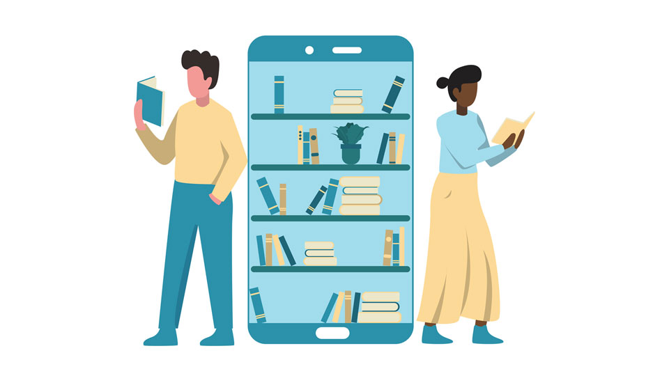 Illustration of two people reading books from a bookshelf that looks like a smartphone.