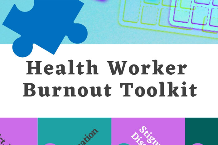 Illustration of puzzle pieces with text that says "Health Worker Burnout Toolkit"